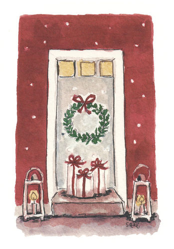 Joulukortti - lahjat ovella