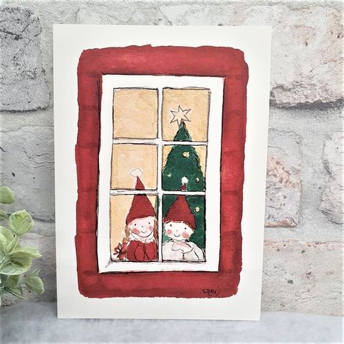 Joulukortti - lapset ikkunassa